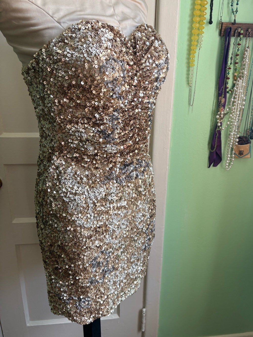 Scala 100% Silk Gold and Silver Sequin Strapless Dress